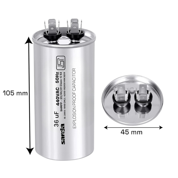 36 MFD Aluminium Body Capacitor 440VAC for Air Conditioners | Heavy-Duty Motor Run Capacitor | High-Performance Cooling Component - Image 2