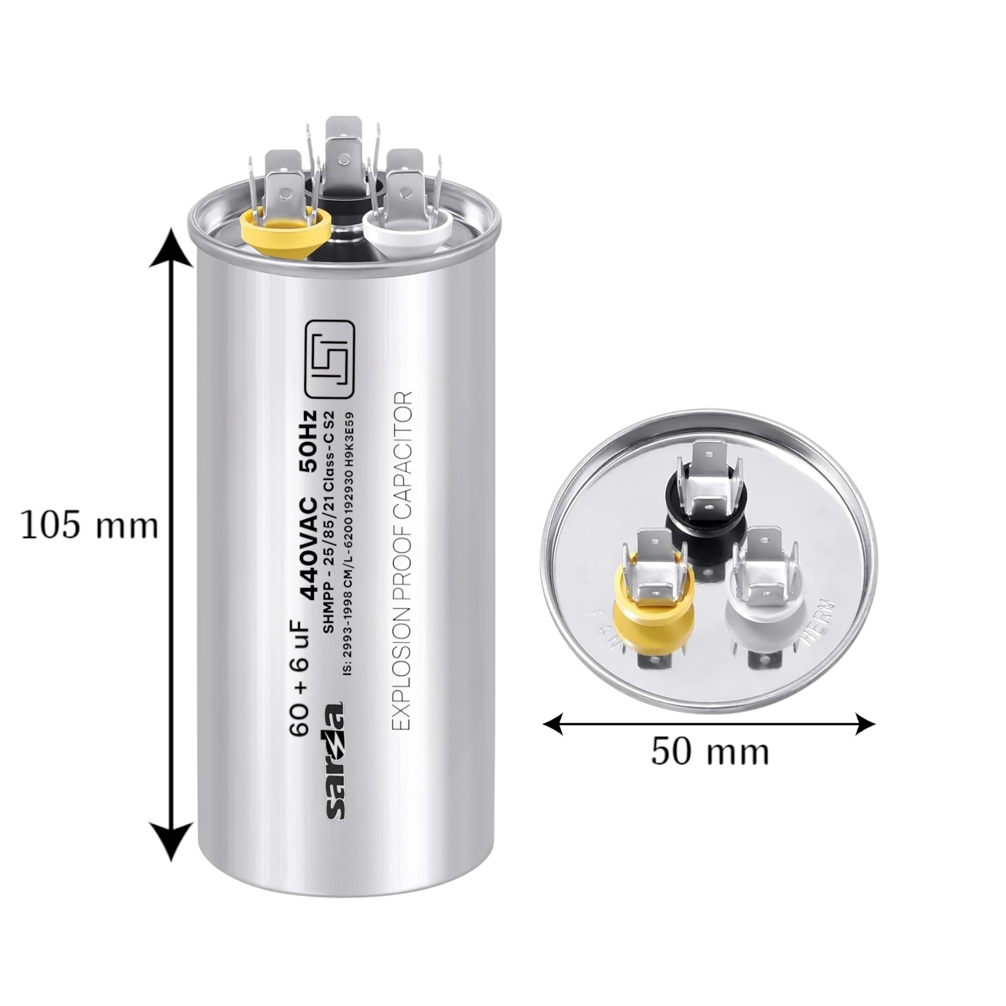 60 + 6 MFD Aluminium Body Multi-Capacitor 440VAC for Air Conditioners | Heavy-Duty Motor Run Capacitor | High-Performance Cooling Component - Image 2